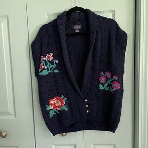 Kenneth Gordon Wool Knit Flower Cap Sleeve V-Neck Button Top Sweater Women’s‎ L